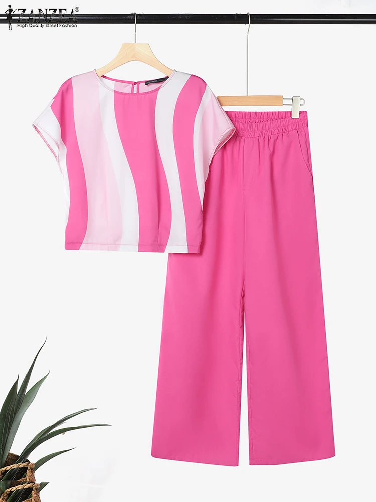 Zanzea verão 2 pçs roupas femininas conjuntos de calças moda 2 peças conjuntos de treino manga curta blusa impressa calças de perna larga terno