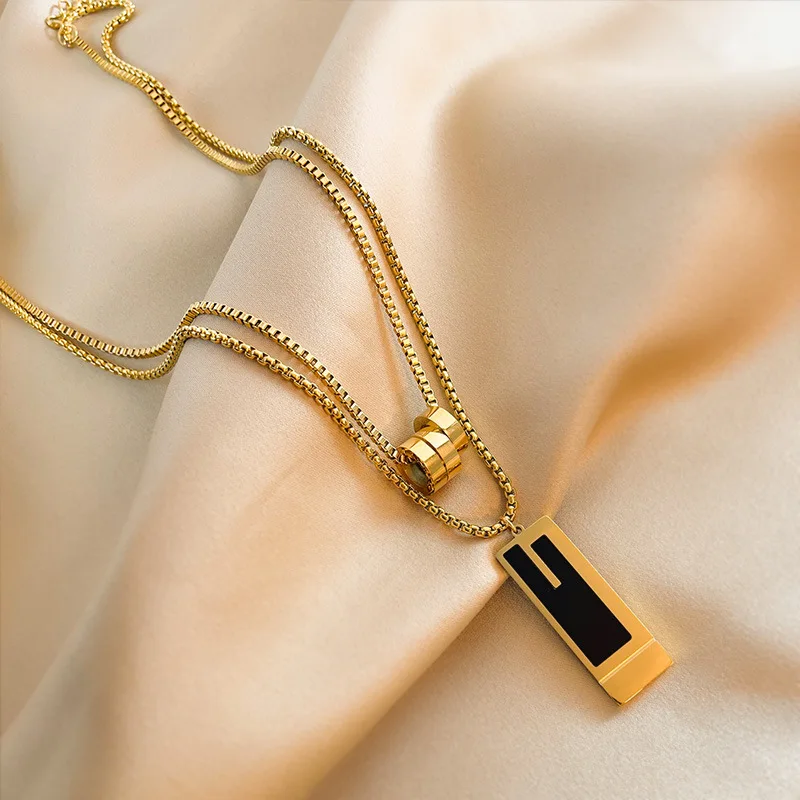 LATS Double-layer Square Pendant Stainless Steel Necklace for Womens Gold Color Exquisite Sweater Chain 2023 New Fashion Jewelry