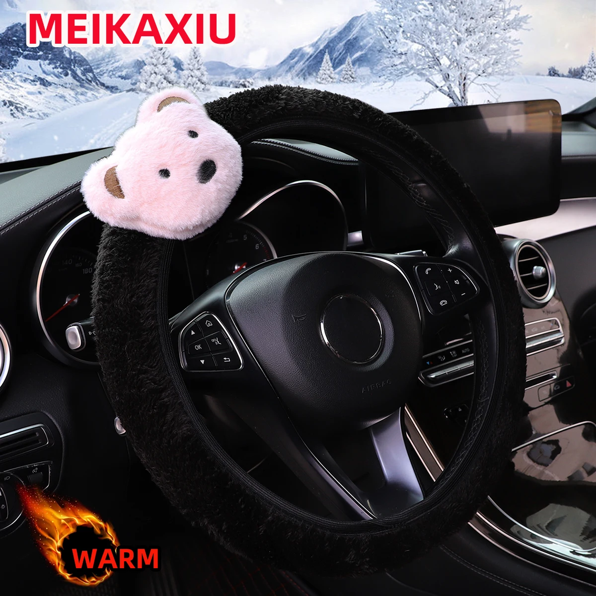 Damen-Lenkradbezug, niedliche Tier-Themen – Kaninchen, Welpe, Wolke, Panda, Bär, Eisbär, Pelz-Design, kein Innenring – Detail 4