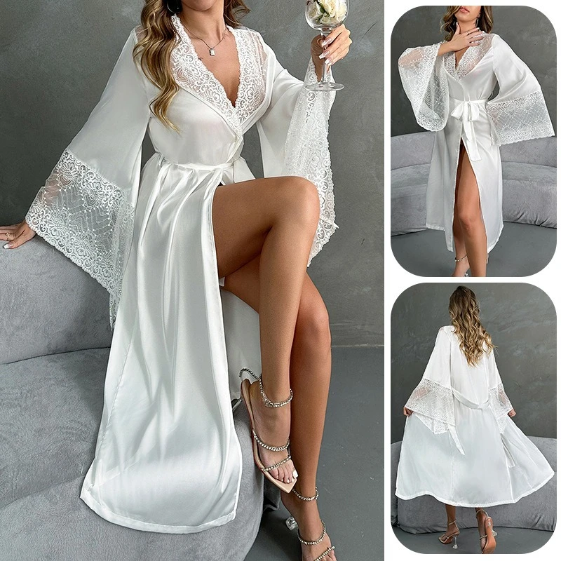 Women Luxe Satin Robe & Nightgown Set, Long Sleeve Lace Trim Morning Gown Elegant Silky Pajama Loungewear Bedroom & Wedding