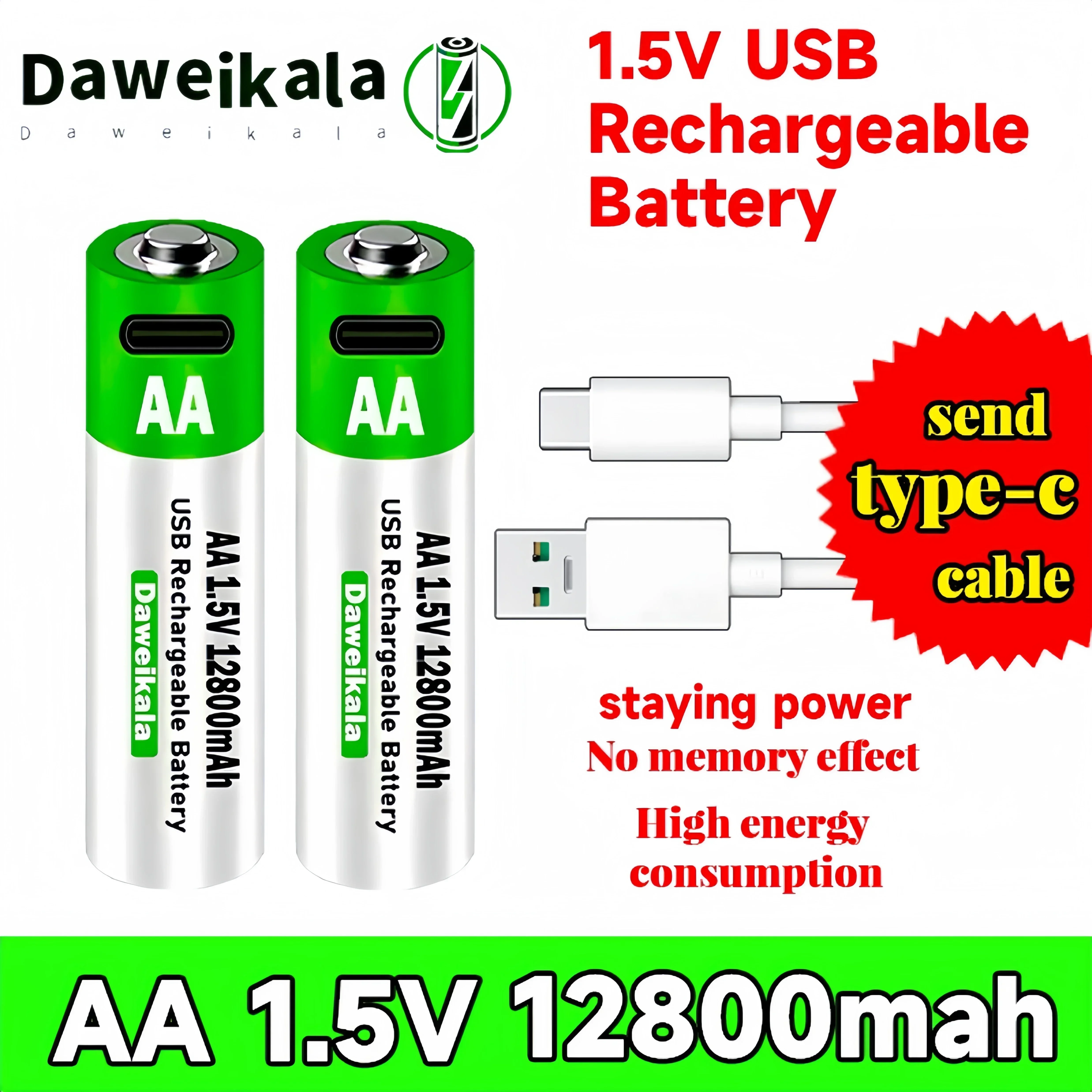 2024 New AA 1.5V 12800mAh Li-ion Battery  USB Rechargeable Battery for Remote Control Mouse Electric Toy Battery + Type-C Cable