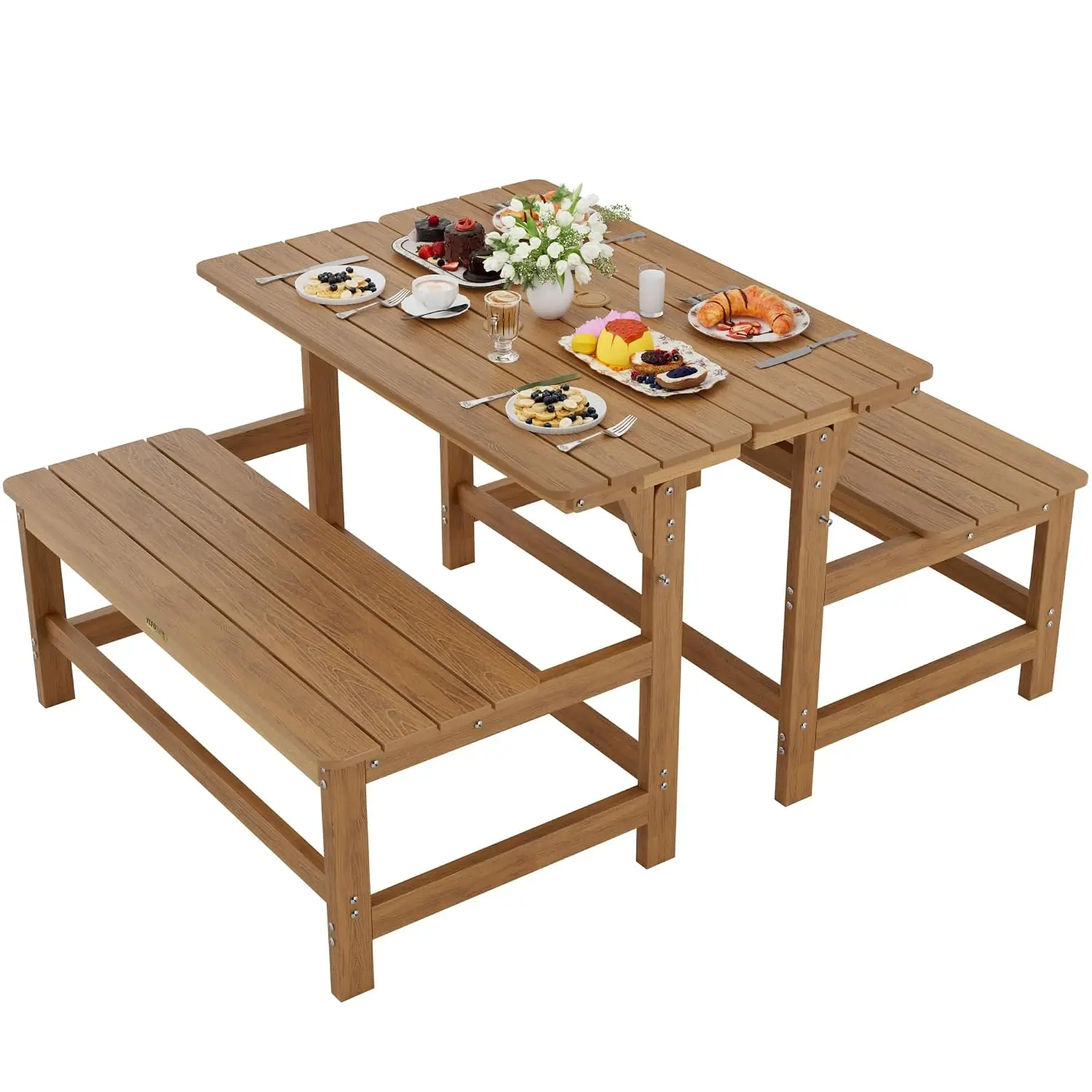 Convertible Bench Picnic Table, 2-in-1 Foldable Outdoor Bench, Teak
