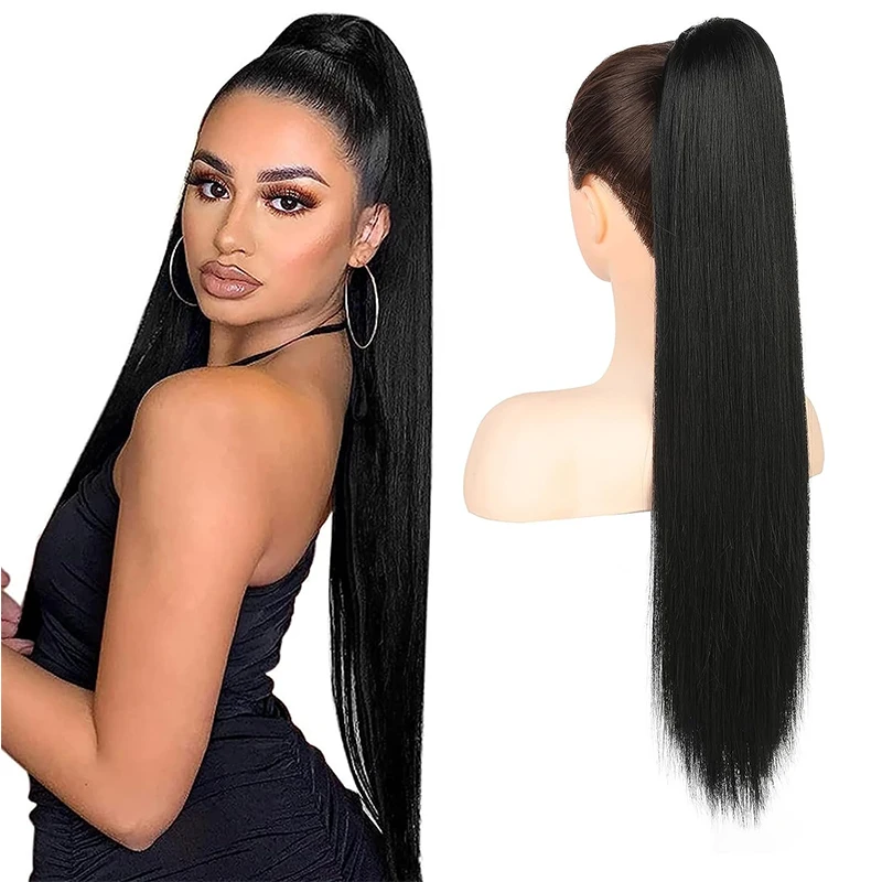 30 Inch Straight Ponytail Clip in Hair Extension Long Drawstring Pony Tail Synthetic Black Fake Hair Pony Tail Heat Resistant