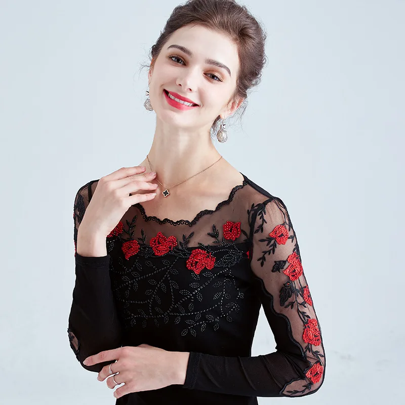 MadBlack European Clothes T-Shirt M-5XL Women Embroidery Diamonds Slim Mesh Tops Long Sleeve Tee Spring Fall T3D707JM