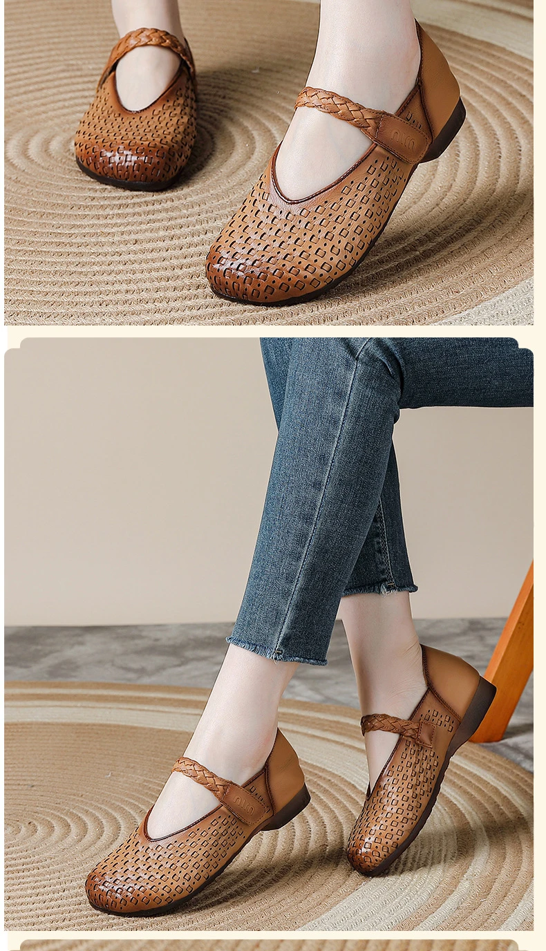 Retro-Kunst-Ästhetik Echtleder Mary Jane Flats Damen Premium Rindsleder Geflochtene Schuhe Elegante Mokassins Vintage-Schuhe – Detail 10
