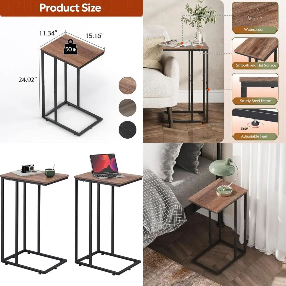 

Пара C-образных приставных столиков для дивана и телевизора, идеально подходят для гостиной и спальни, коричневое покрытие