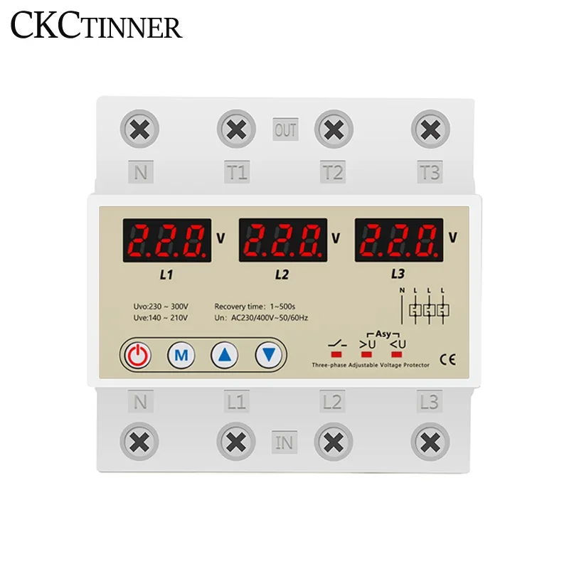 Three Phase Over And Under Voltage Protective Device Automatic Recovery Din Rail Adjustable 3 Phase Voltage Protector 63A 380V