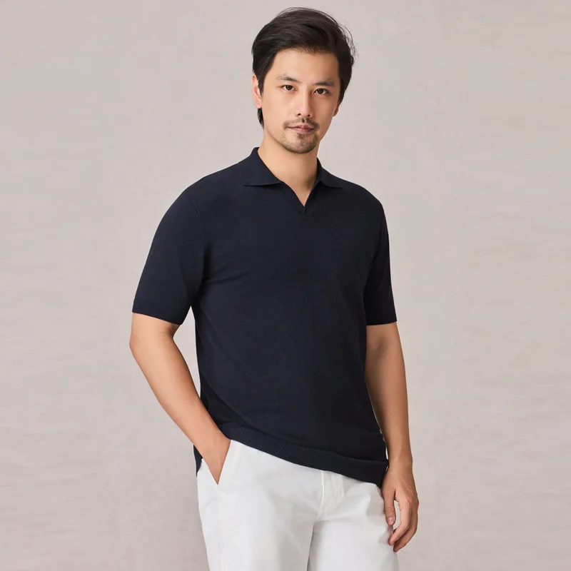 

Old money style summer ice silk cool seagull collar POLO shirt men's T-shirt light luxury loose breathable mulberry silk sweater