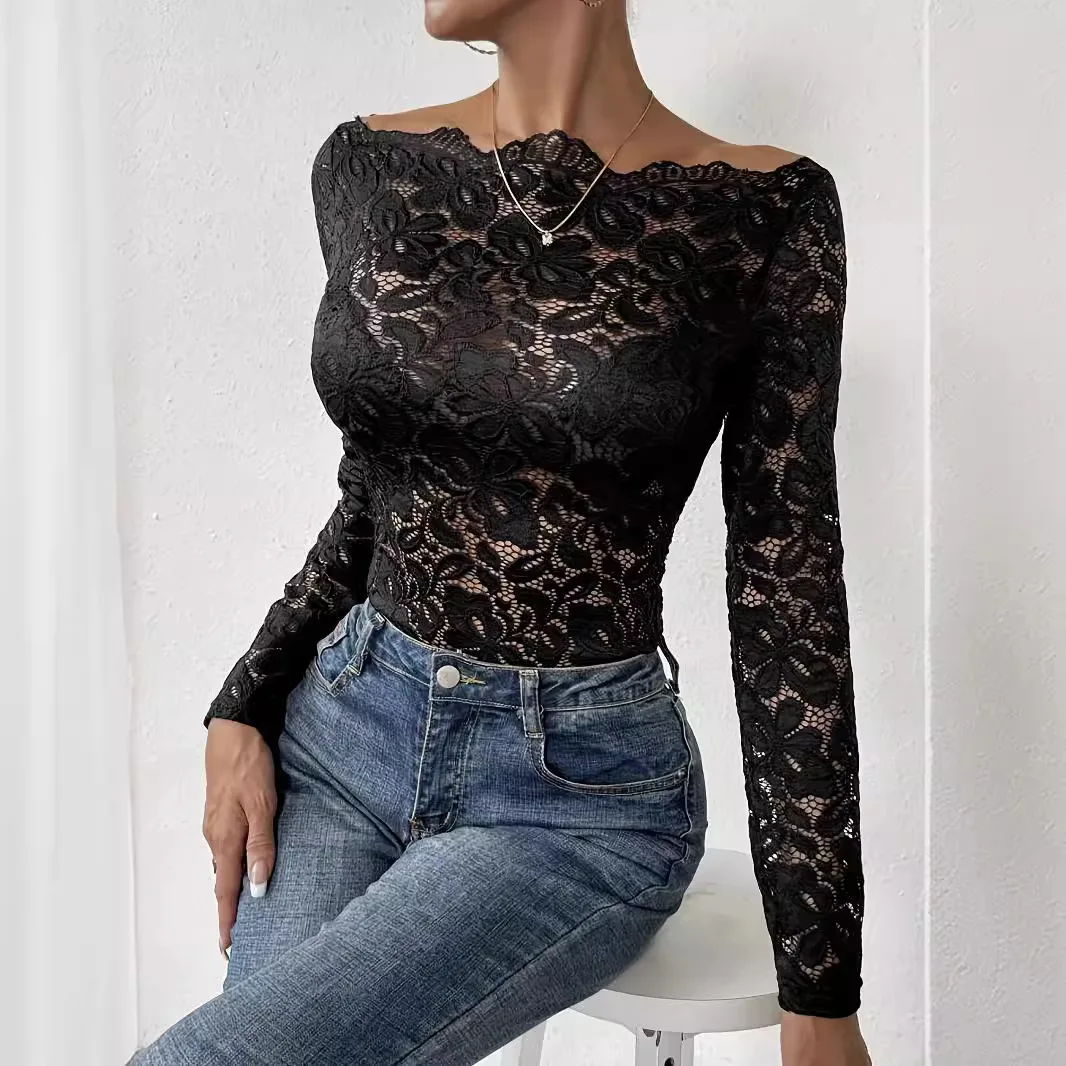 

2026Women's Spring and Summer New Fashionable Wavy Boat Neck Off-Shoulder Single Layer Lace Slim Fit Sexy T-shirt Tops for Women