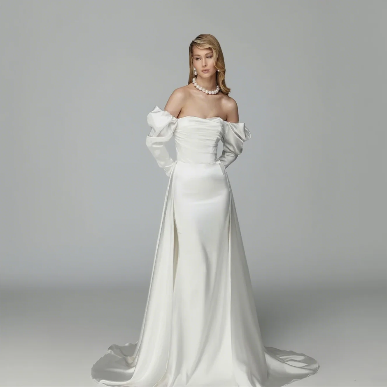 

Bride's Customizable Strapless Satin Wedding Dress with Detachable Long Puff Sleeves Lace-Up Back Floor-Length Sweep Train Gown