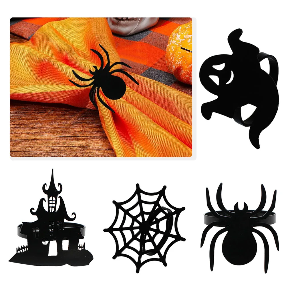 12Pcs Mixed Halloween Napkin Rings Black Spider Web Castal Ghost Napkin Buckle for Halloween Dining Party Supplies Table Decor