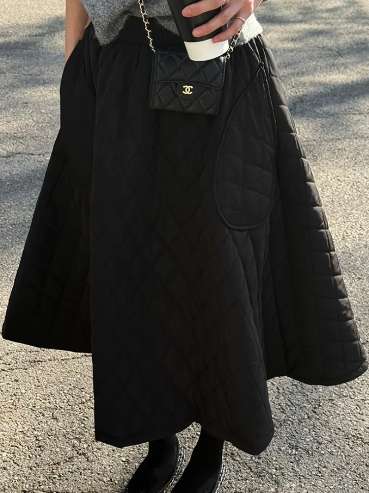 Saia retrô de cintura alta evasê para mulheres algodão comprimento f outono inverno emagrecimento saia grande com padrão de diamante guarda-chuva Skir...