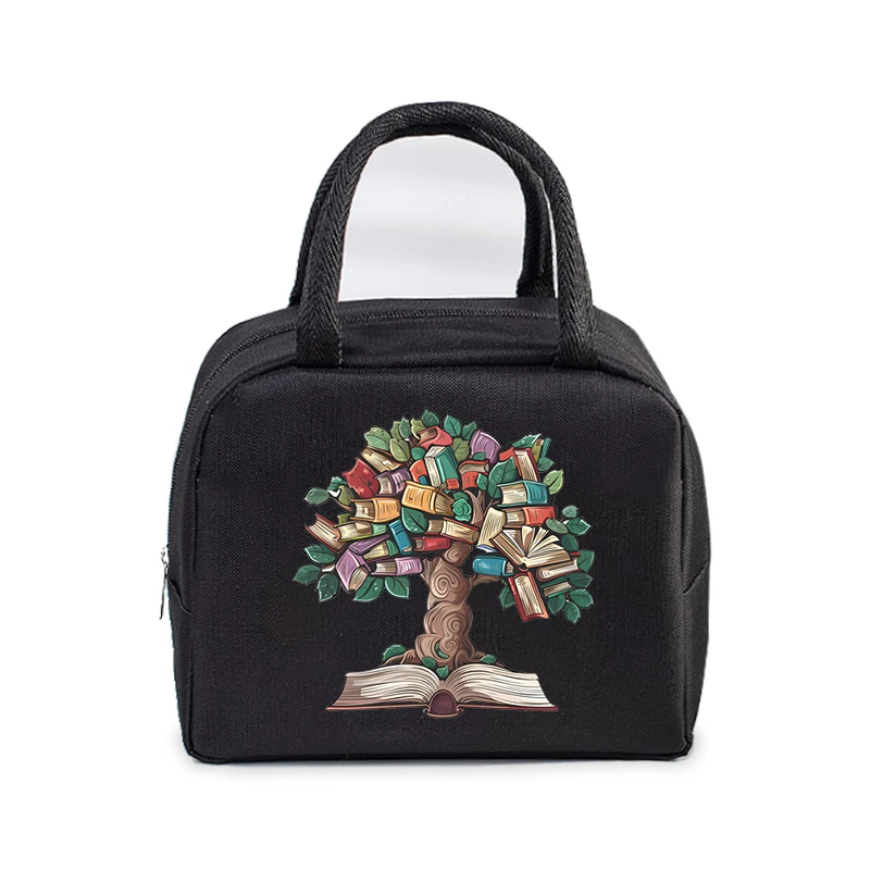 1Pcs Portable Lunch Bag Vintage Books Tree Pattern Cooler Pack Lunch Box Insulation Package Insulated Thermal Women Lunch Bag