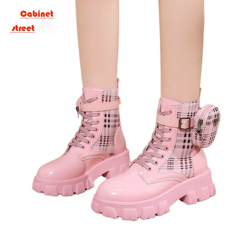 

Plus Size White Pink Punk Ankle Platform Motorcycle Women Boots Lace Up Chunky Heel Belt Buckle Pocket Designer Shoes Female