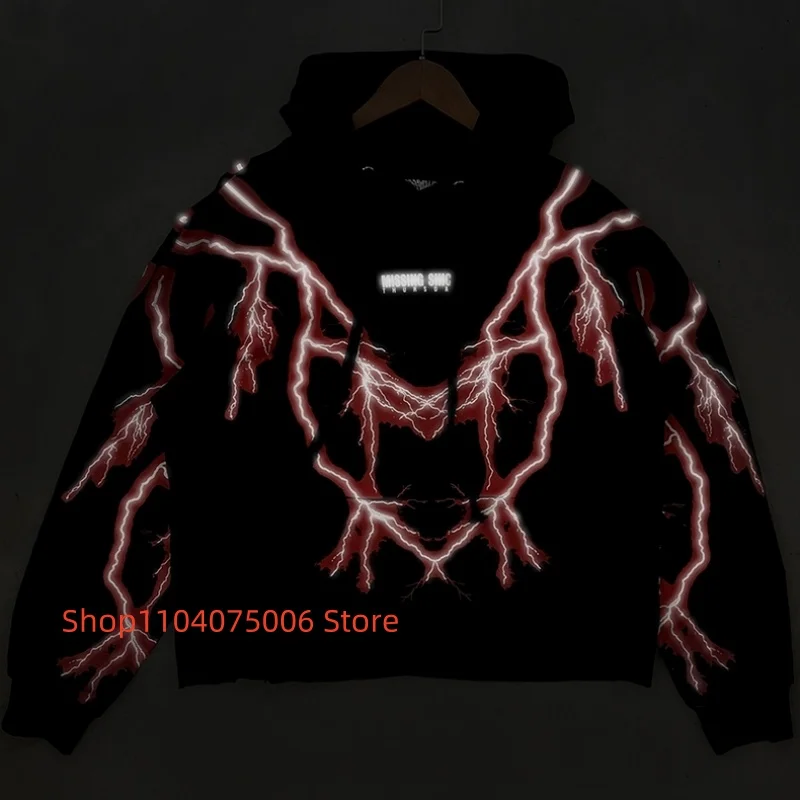 

Trendy Men Hoodie Missing Since Thursday Streetwear Red Lightning Printed Pullover Casual Sweatshirt