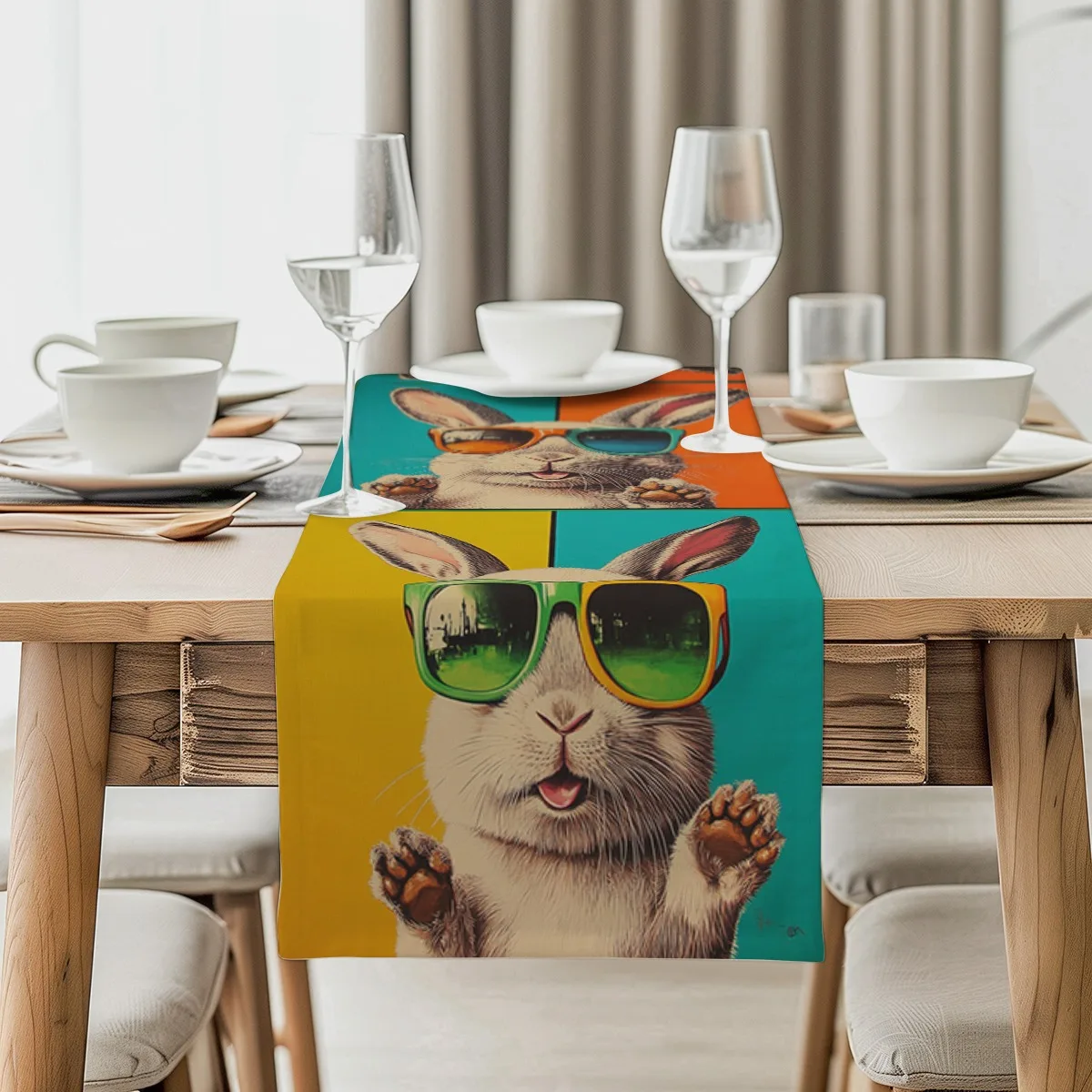 print table runner Cool Bunny Pop Art Style Table Flag dressing table flag for Kitchen & Home, Housewarming Gift