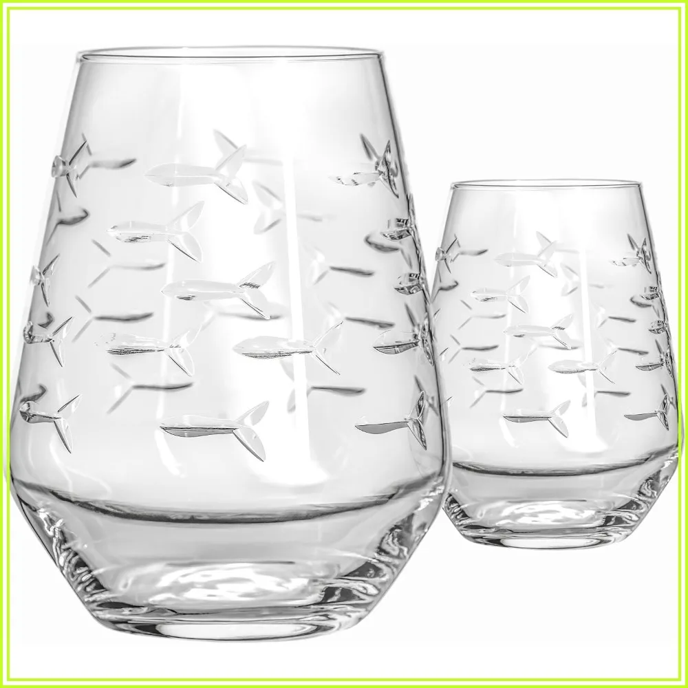 School of Fish Stemless Tumbler 18oz Stemless Wine Glasses Lead-Free Glass Set of 2