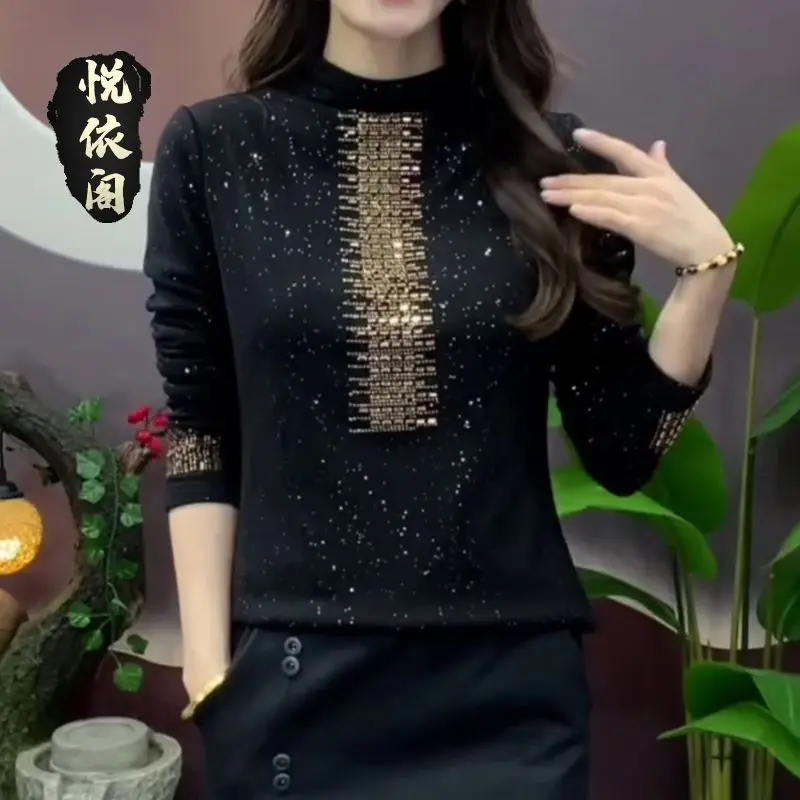 

Thin/Velvet Thick Sprinkle Gold High Temperature Hot Diamond Mock Neck Elastic Cotton Bottom Shirt 2024 Internet Celebrity Top