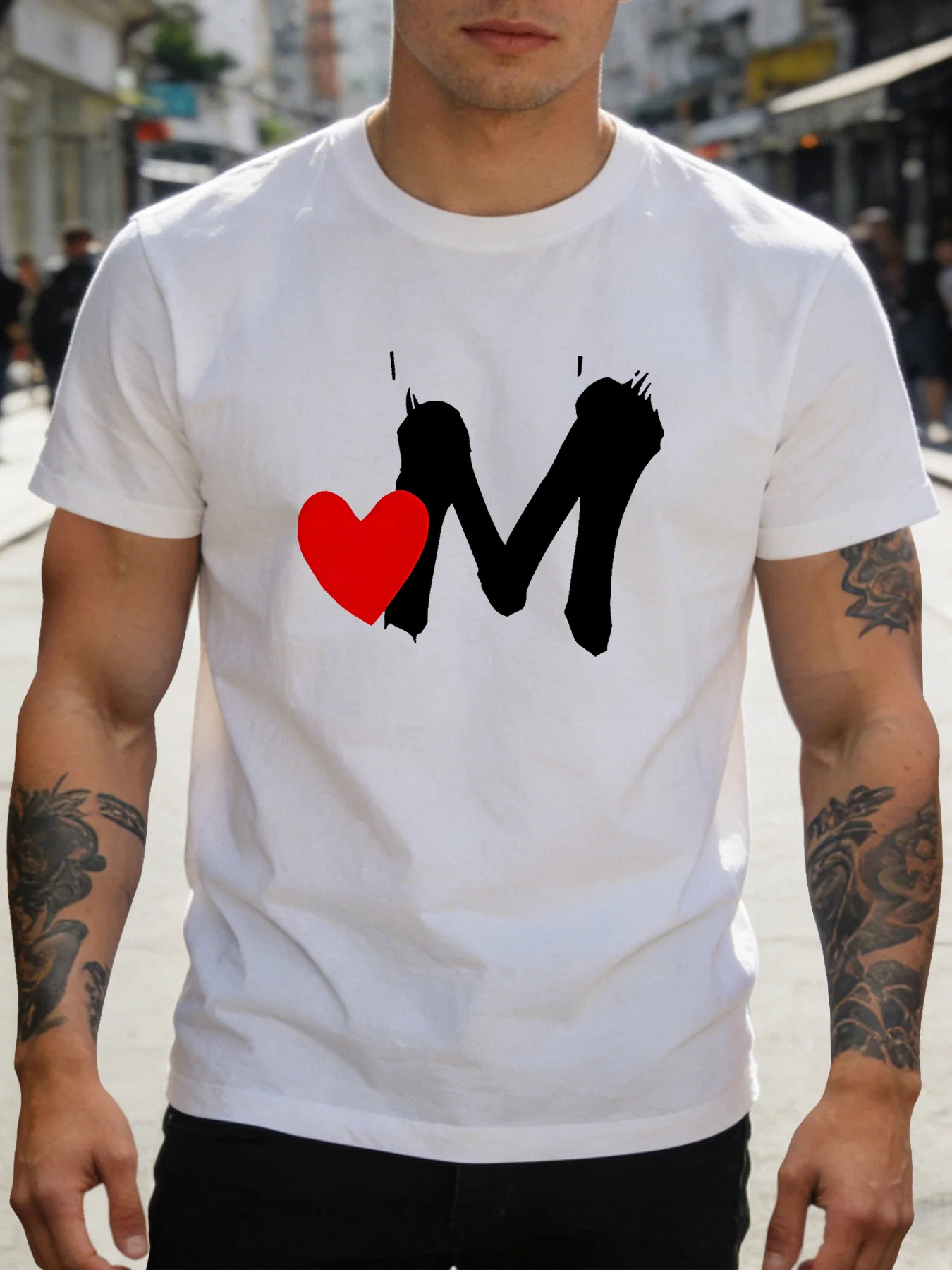 Men Soft Cotton Short Sleeve Crew Neck Tee Graffiti Letter M Red Heart Street Art Print Gift For Men Casual Summer Daily Top
