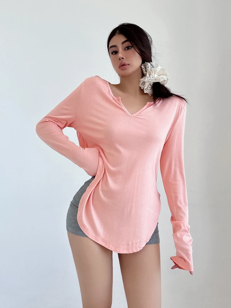 Off]Lazy Style Loose Small V-neck Thin Long Sleeve T-shirt Women Curved Hem Top Summer Casual Fashion Women Tops C485