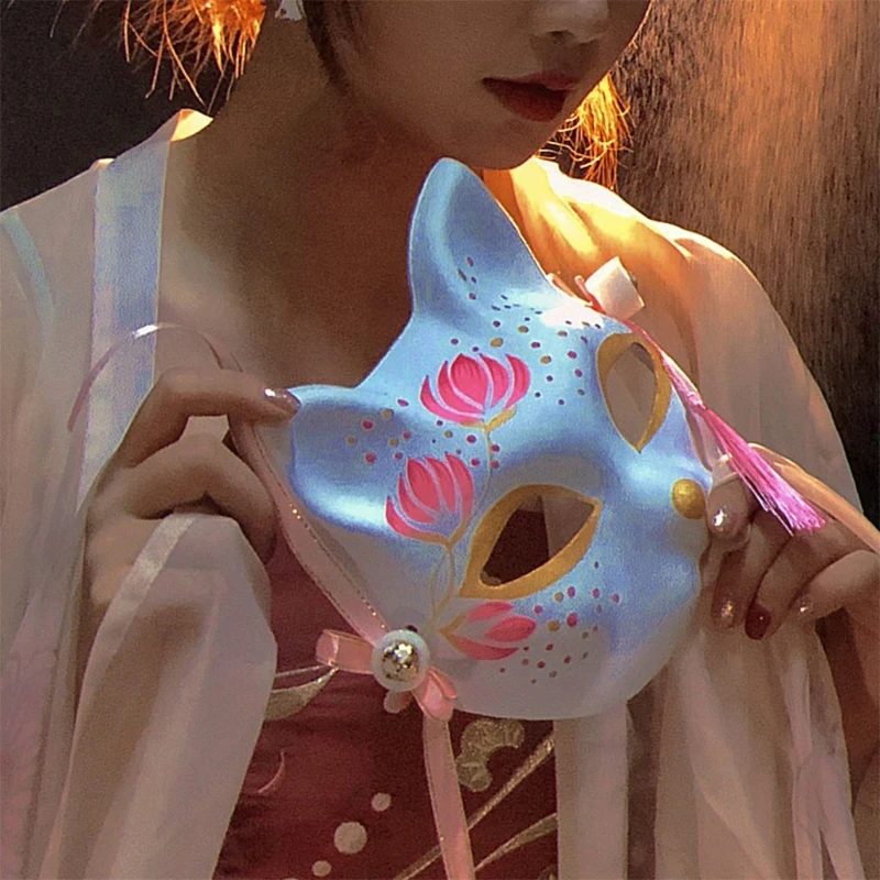 Pink Cherry Blossoms Fox Masks Anime Cosplay Japanese Half Face Mask Masquerade Festival Kabuki Kitsune Masks Party Props