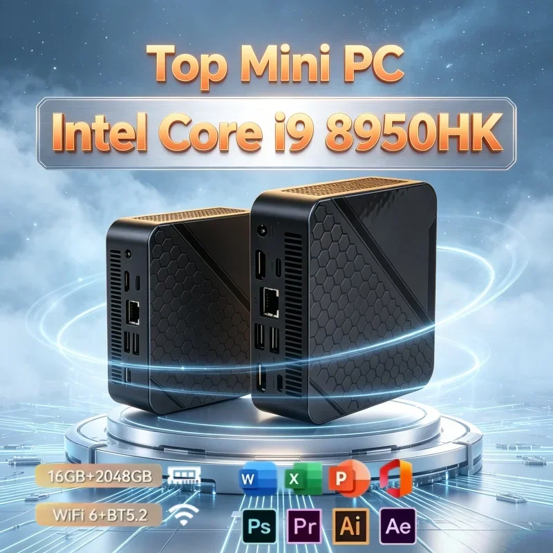 Hot Selling Compact Mini Desktop PC Core I9 8950HK WiFi6 BT5.2 16GB RAM High Speed SSD 2TB Multifunctional Office Mini Computer