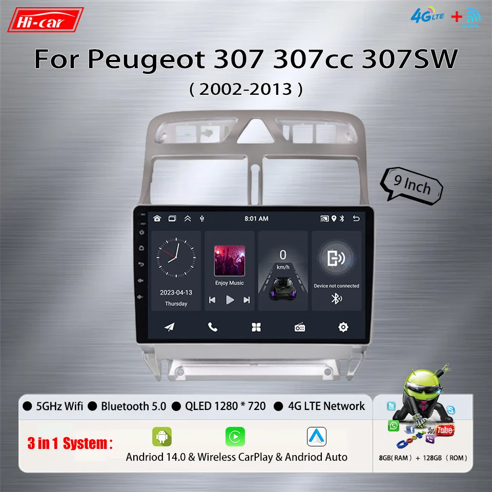 

Автомобильное радио для Peugeot 307 307cc 307SW 2002-2013 2Din Android 14 Беспроводной CarPlay и Android Авто Мультимедийный плеер GPS Авторадио