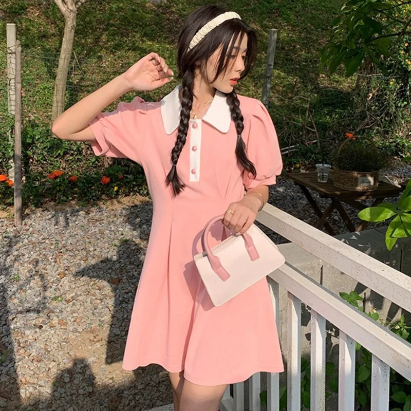 Summer Mini Dress Women Puff Sleeve Pink Sweet A-line Daily Vestido Female Korean Style Fashion Casual Young Girls Cute Dresses