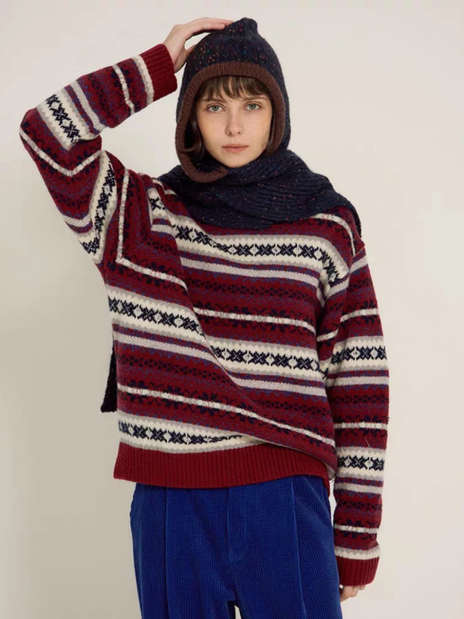 Ele Retro Fair Isle Strickpullover Sweet Sle Round Ne Pullover Premium Quali Wollstoff Herbst Winter Neu eingetroffen