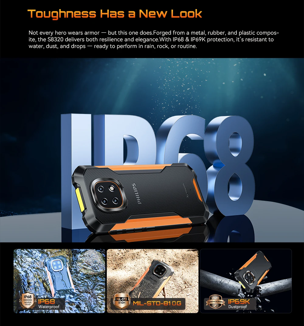 PHILIPS S8320 Rugged Smartphone 12(6+6)GB 128GB Dual Sim 6.745" 120Hz 48MP 10200mAh NFC Waterproof Camping Lamp Unlock