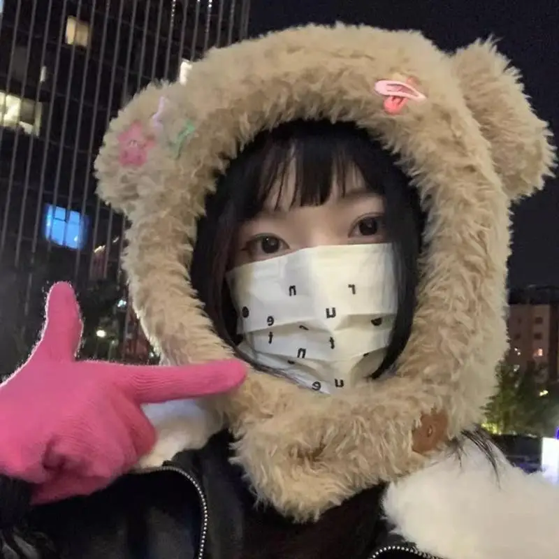 女性の冬のかわいいクマの耳豪華な耳介帽子防寒防風スカルキャップ-y08e