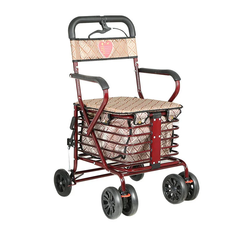 Push-sit Folding Shopping Cart for The Elderly Four Wheeled Baskets for The Elderly Hand-pushed Shopping Trailer