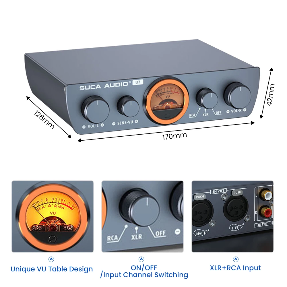 SUCA-AUDIO Amplificador de potência digital, TPA3255, canal HiFi 2.1, RCA, XLR, 300W x 2, Home Power AMP com medidor VU