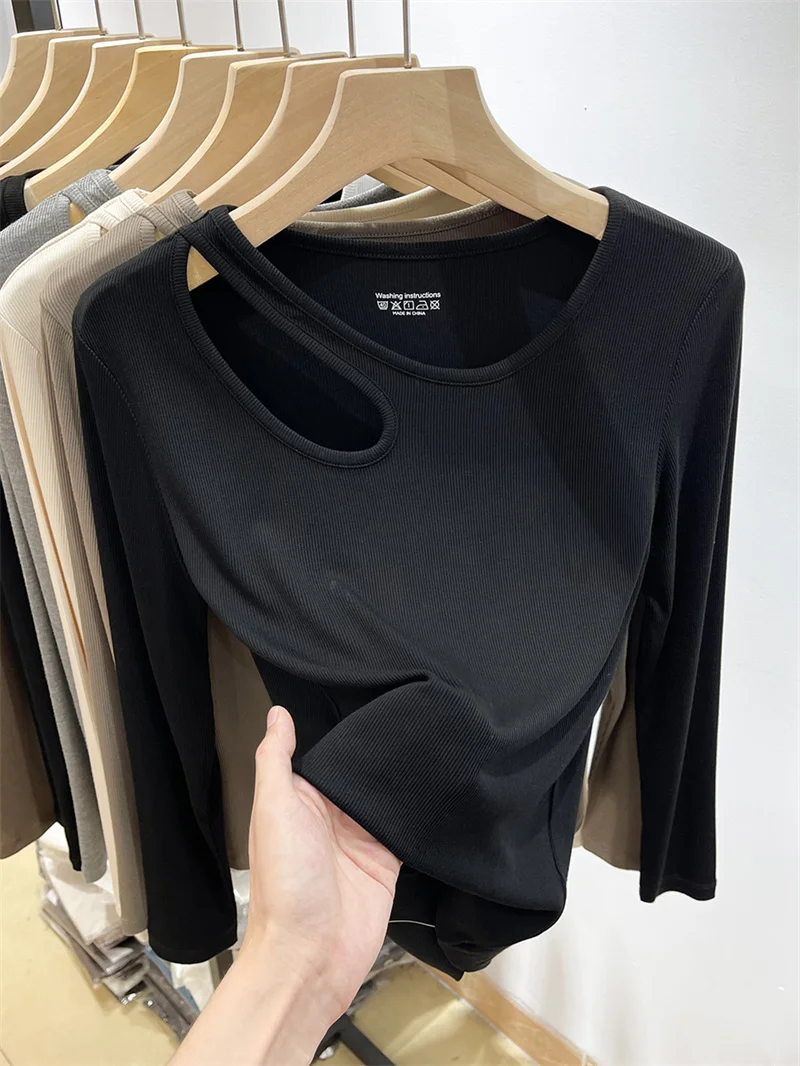 

Women's Hollow out Long Sleeve T-Shirt Slant Collar Base Shirt Inner Wear Cotton Blend Polyester Spandex Commute Style Slim Fit