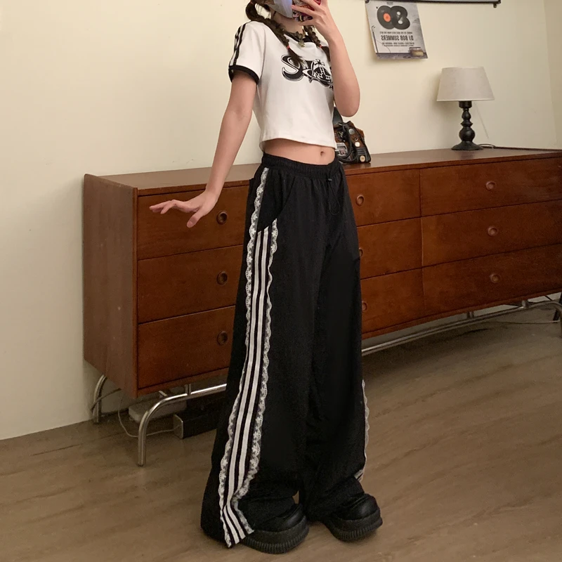 American Black Vintage Drawstring Sweatpants Lace High Waisted Straight Wide Leg Pants Baggy Y2K Stripe Trouser Ladies Summer