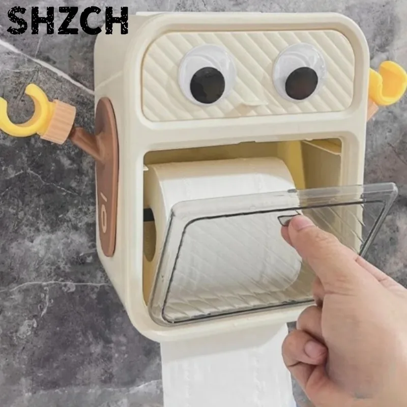 Cartoon Tissue Box Wall-Mounted Roll Paper Holder Visible No-Drill Toilet Paper Rack Bathroom Paper Storage Organizer