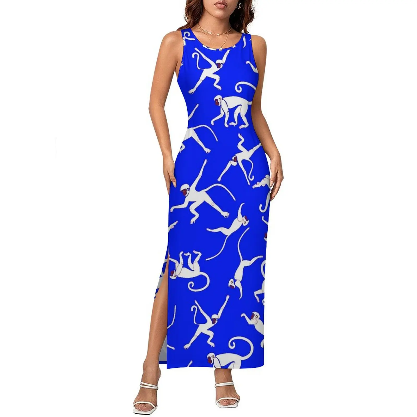 Monkey Print Bodycon Dress Holiday Blue and White Club Sexy Maxi Dresses Women Sleeveless Custom Aesthetic Dress Big Size 4XL