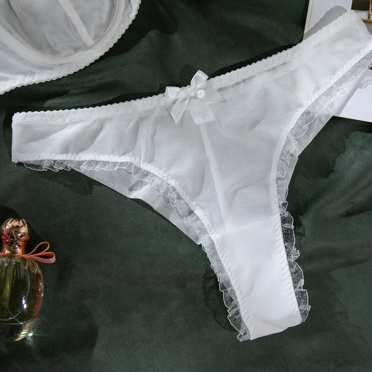 Sexy White Bridal Ruffles Transparent Fine Mesh Lingerie and High Waisted Panties Sexy Lingerie Set