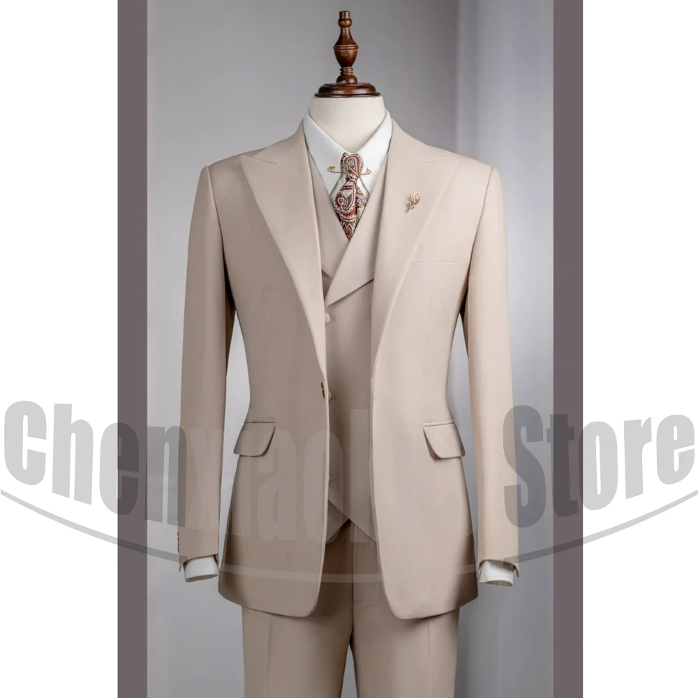 Men Beige 3 Piece Suit Slim Fit Blazer Vest Pants Set Wedding Groom Formal Business Prom Party Banquet Luxury Fashion Tuxedo
