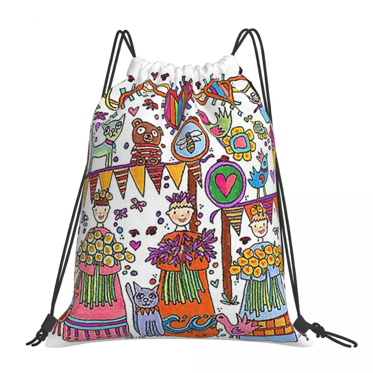 面白いページフラワーガールズバックパック多機能ポータブル巾着バンドルポケット収納袋ブックバッグ男性女性学校