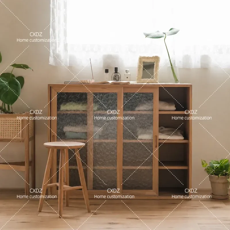 Japanese Style Solid Wood Dining Side Cabinet with Sliding Glass Door Tea Storage Cupboard Living Room Floor to Ceiling