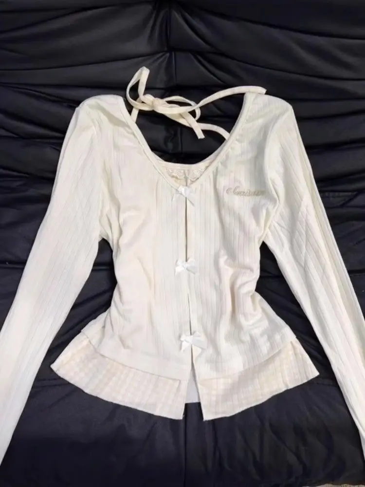 

Дизайнерские модные лоскутные осенние тонкие футболки Хепберн Шикарные повседневные футболки с длинными рукавами и бантом Женские кавайные теплые тонкие облегающие наряды