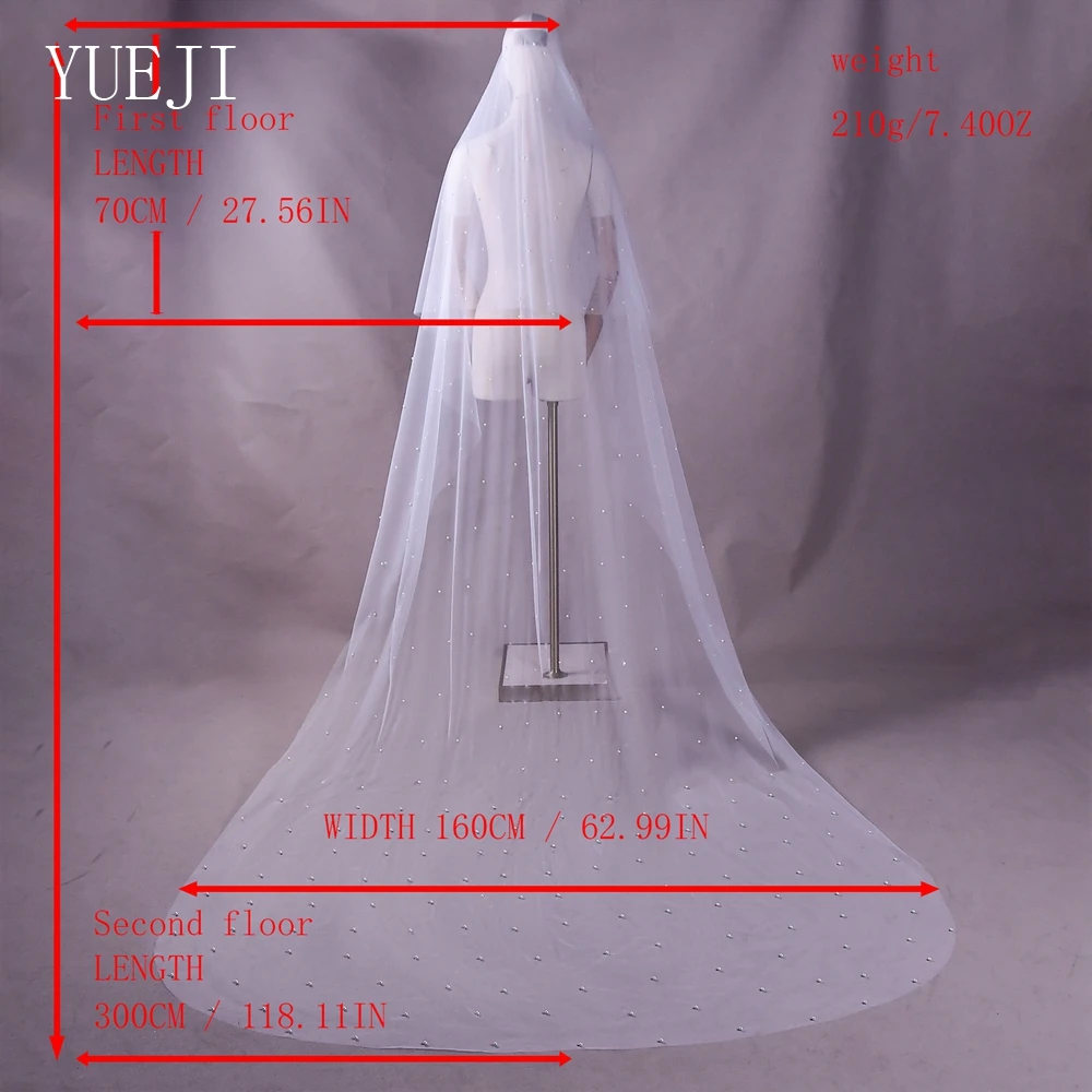 YUEJI-Bridal Lace Pearl Veil, Double Layer Blusher, Catedral White Veil, Acessório do casamento com pente, personalizável, YJ114