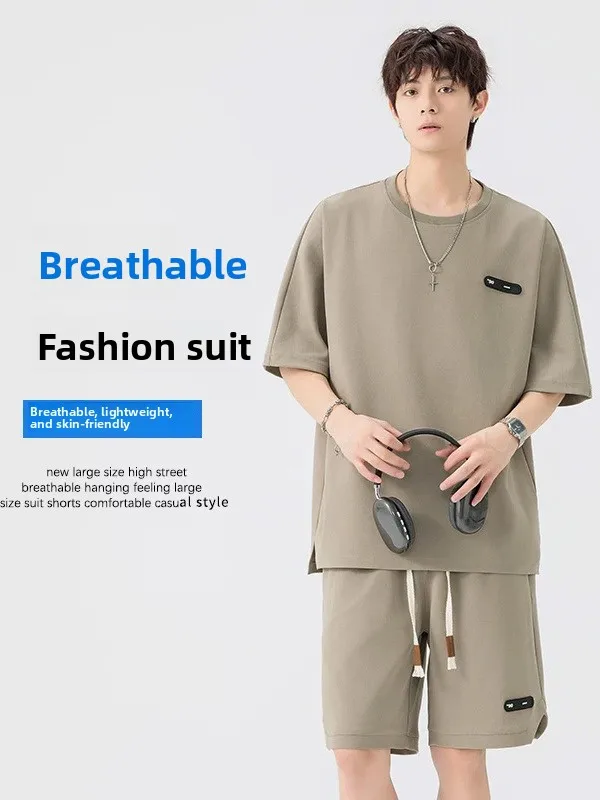 

Ice Silk Cool Feeling Casual Sports Set Men's Trendy Brand Simple Match round Ne ort Sve T-irt Summer orts Two-Pie...