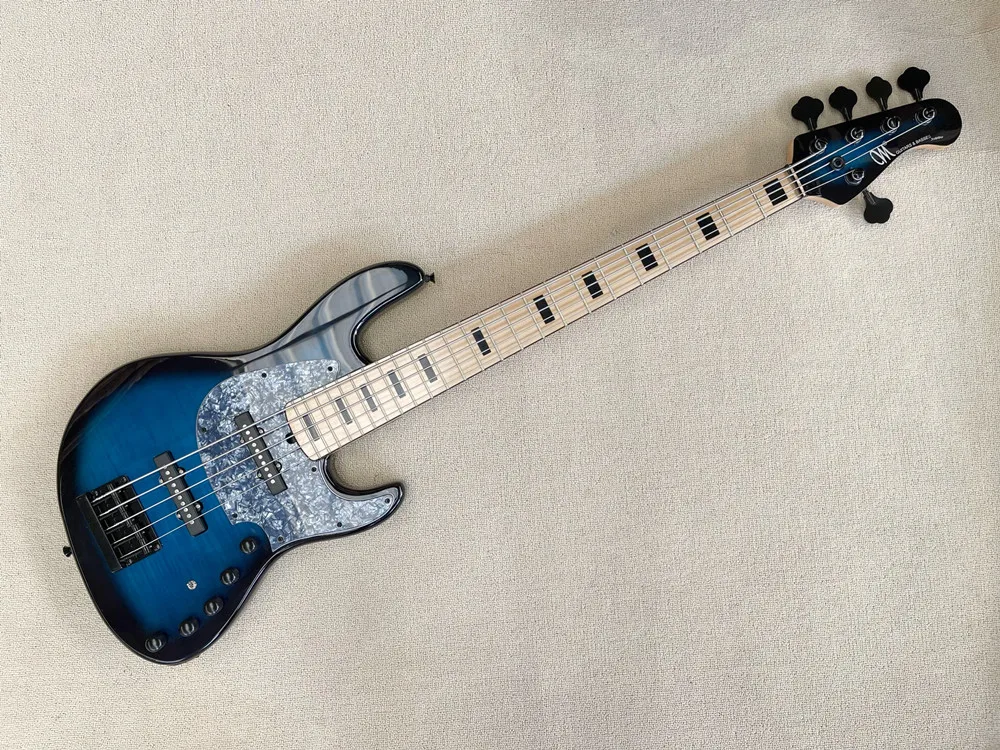 5 Strings Blue Body Electric Bass Guitar with Black Hardware,Flame Maple Veneer,Provide customized service