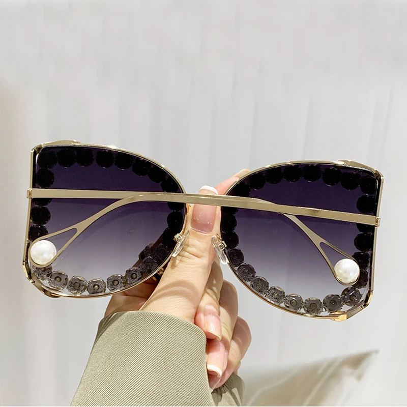 Modne Vintage diamentowe oversize okulary przeciwsłoneczne damskie luksusowe markowe okulary przeciwsłoneczne duże oprawki Punk Crystal — zdjęcie 6