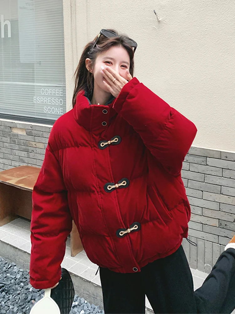 

Куртка Cisas Red Double-Sided Wear для женщин: теплая, повседневная, свободного кроя, с белым пуховым наполнителем, утолщенная