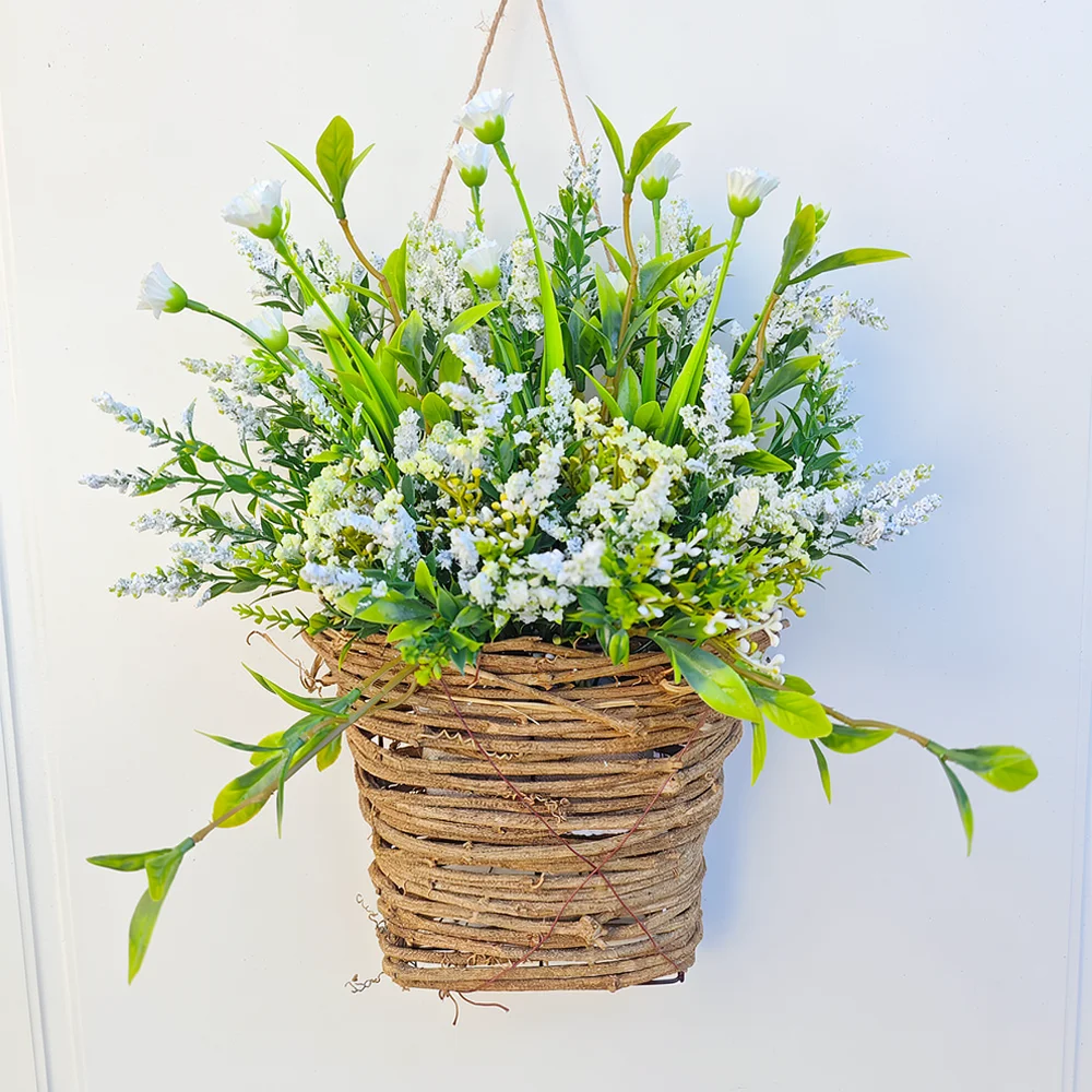 Pastoral Style Wicker Hanging Basket Wreath Wildflower Berry Floral Arrangement For Door Porch Wall Hanging Ornament