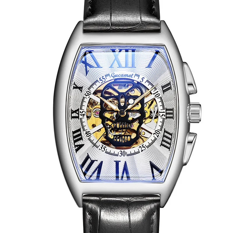 Montre Mécanique existent Creuse pour Homme, Bracelet en Cuir, Tourbillon Tonneau Crâne, Cadeau Homme, Nouvelle Mode, Livraison Directe