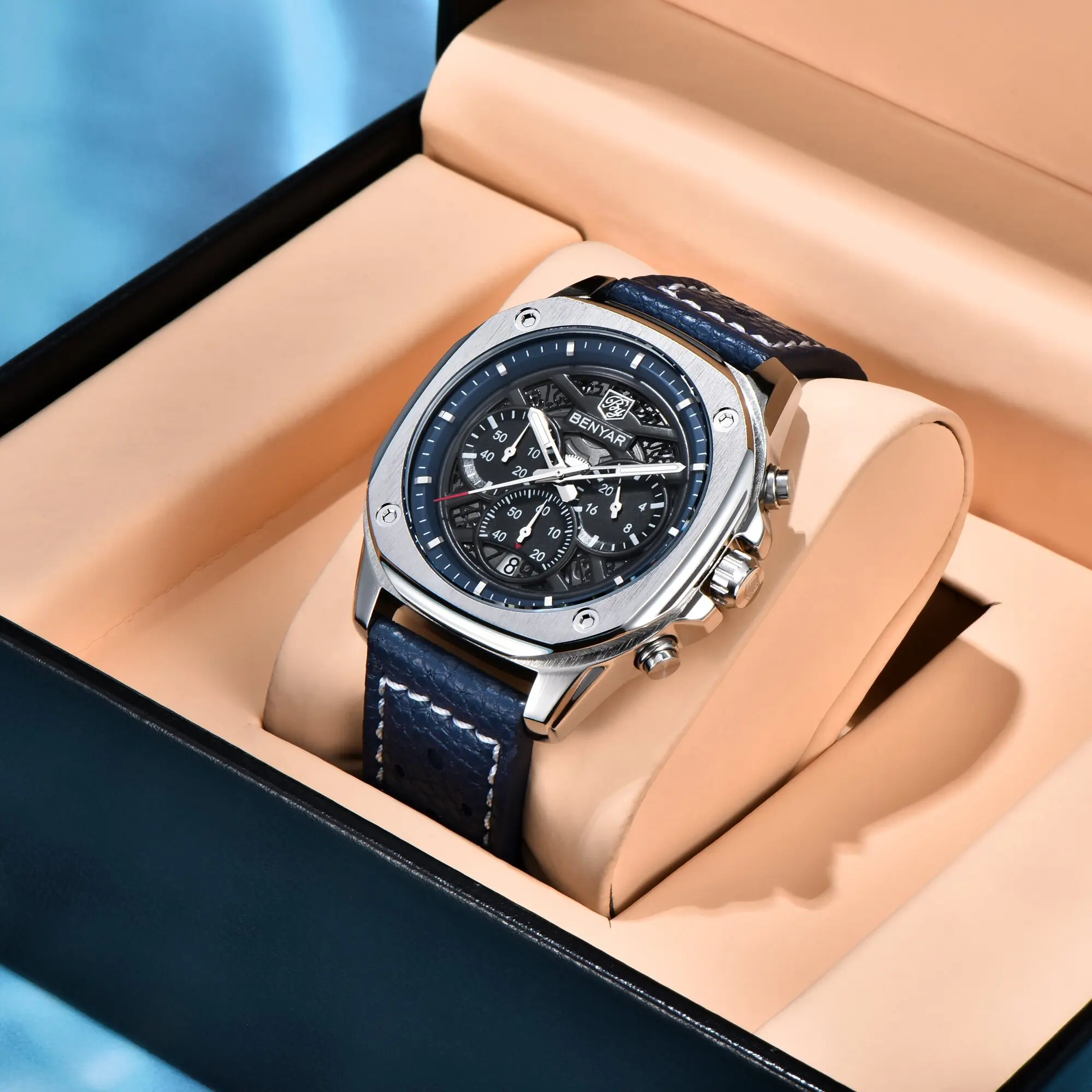 BENYAR Mens Quartz Watches For Man Urban Commuter Style Triple Sub‑Dials Leather Strap Hardlex Glass Calendar Waterproof Watches
